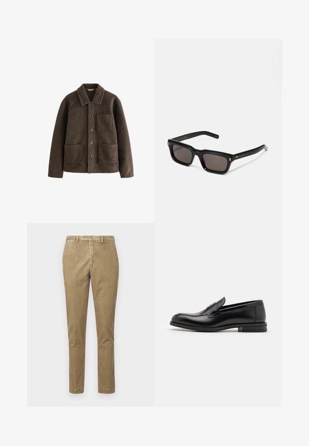 Ruskea villa takki, jossa on kaulus, kaksi etutaskua ja nappikiinnitys. Takissa on teksturoitu pinta ja suora leikkaus.; Mustat poolokauluspusero, joka on valmistettu pehmeästä neulomateriaalista. Siinä on pitkät hihat, ribbireunus kauluksessa ja helmassa. Yksinkertainen, tyylikäs muotoilu ilman kuvioita.; Beige kangashousut suoran leikkauksen kanssa, joissa on napin sulku ja etutaskut. Sujuva pinta näkyvällä vakoilukuviolla.; Mustat nahkakengät, joissa on sileä pinta, pyöreä kärki ja koristeellinen nauha jalkapöydän yli. Matala pinoitu koroke, minimalistinen muotoilu.; Mustat suorakulmaiset aurinkolasit tummilla linsseillä, paksu muovikehys, kultaiset korostukset temppeleissä ja brändin logo kaiverrettuna varteen.