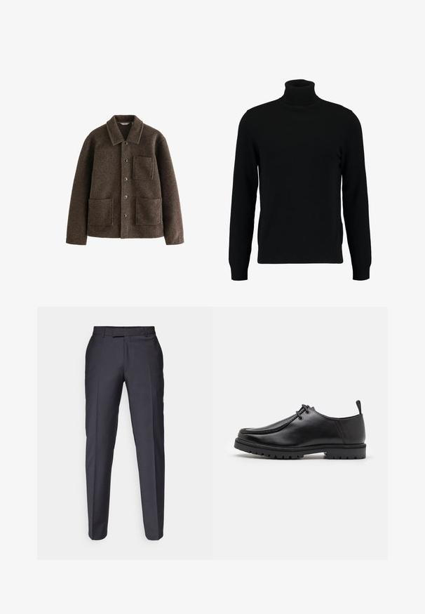 Smeđi vuneni sako s ovratnikom, dva prednja džepa i dugmadima. Ima teksturiranu površinu i ravne linije dizajna.; Crni pulover s visokim ovratnikom od mekog pletenog materijala. Ima duge rukave, rebrasti ovratnik i rub. Jednostavan, suvremen dizajn bez uzoraka.; Tamno sivi krojeni hlače s ravnim nogavicama. Imaju glatku teksturu i središnje plisirane detalje. Nema vidljivog brendiranja ili ukrasa.; Crne kožne cipele s vezanjem, s robusnom potplatom i petnom trakom, prikazane sa strane na bijeloj pozadini.