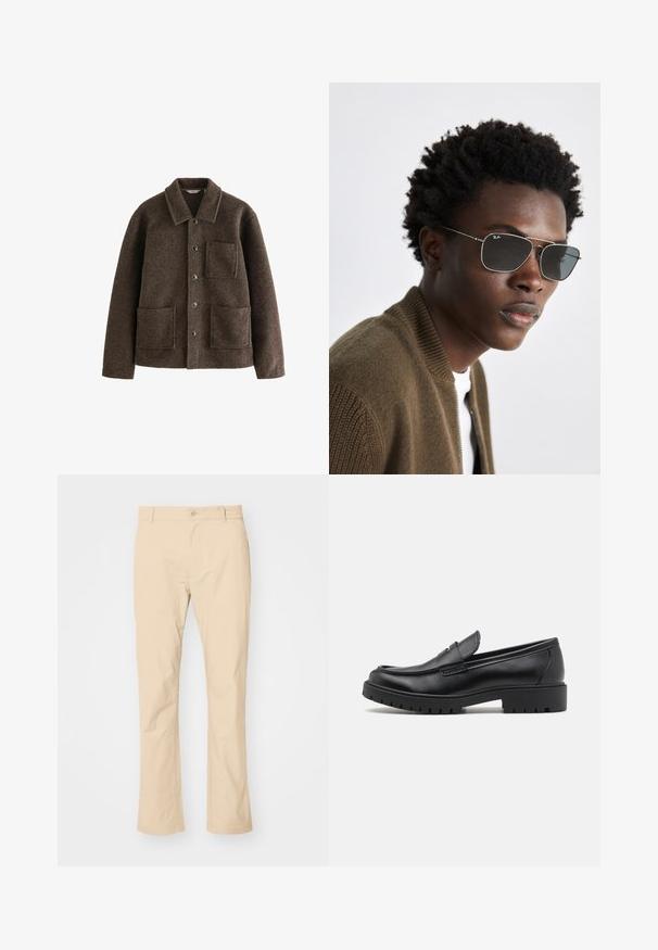 Brun ulljacka med krage, två framfickor och knappstängning. Har en texturerad yta och en rak skärning.; Svart polotröja i mjukt stickat material. Har långa ärmar, ribbad krage och fåll. Enkel, stilren design utan mönster.; Beiga bomullshängsel med rak skärning, knappstängning och bältesöglor. Slät textur utan synliga mönster eller detaljer.; Svarta lädersneakers med rund tå, som är lätta att ta på och av, och en tjock gummisula med strukturerat grepp. Höjd klack och diskreta sömnadsdetaljer.; Solglasögon med en silverfärgad metallram, aviatorform och mörkt tonade linser. Stylad med en ribbad brun bomberjacka.