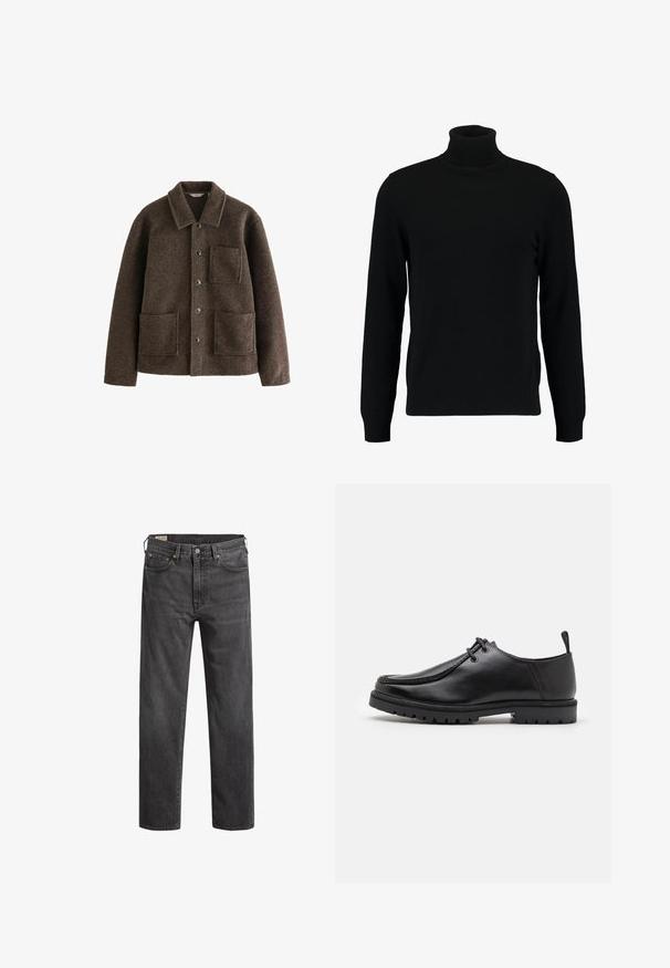Braune Wolljacke mit Kragen, zwei Fronttaschen und Knopfverschluss. Bietet eine strukturierte Oberfläche und ein gerades Design.; Schwarzer Rollkragenpullover aus weichem Strickmaterial. Mit langen Ärmeln, geripptem Kragen und Saum. Schlichtes, elegantes Design ohne Muster.; Dunkelgraue Denim-Jeans mit geradem Beinschnitt, fünf Taschen und Kupfennieten. Klassisches Design mit einer leicht verblassten Textur.; Schwarze Leder-Schnürschuhe mit robustem Sohlenprofil und Zuglasche an der Ferse, von der Seite auf einem weißen Hintergrund gezeigt.