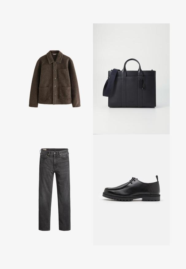 Pruun villane jakk, millel on krae, kaks esistaski ja nööpide kinnitused. Omab tekstuurset viimistlust ja sirget lõiget.; Musthave muströid ja pehmest materjalist must turtleneck, millel on pikad varrukad ja tihe istuvus. Ribaga ääris allservas ja vöökohal. Lihtne disain.; Tumedat hallid teksad sirge jalaga, viie tasku ja vasevärvi nupudega. Klassikaline disain kergelt pleekinud tekstuuriga.; Must küljest musta nahast sidumisjalatsiga, millel on tugeva tallaga ja kandmiselauaga, valge tausta ees.; Tumedat mere nahkbriefcase kahekordsete ülemiste käepidemetega ja eemaldatava rihmaga. Omab tekstureeritud viimistlust, vertikaalset õmblust ja logodetaili.