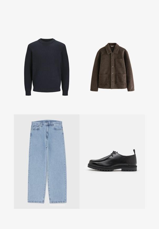 Brun ulljacka med krage, två framfickor och knappstängning. Har en texturerad yta och en rak skärning.; Marinblå ribbstickad tröja med rund halsringning och långa ärmar; har ett strukturerat tyg och en figursydd nederkant vid midjan.; Ljusblå denimjeans med rak bendesign, midjehög midja, fem fickor samt knapp- och dragkedjestängning.; Svarta skinnsnörskor med en robust sula och dragflik vid hälen, visade från sidan på en vit bakgrund.