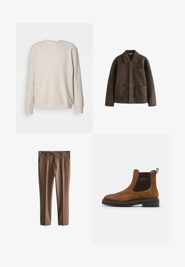 Brown wool jacket with a collar, two front pockets, and button closures. Features a textured finish and a straight cut design.; Beige long-sleeve sweater with ribbed texture, round neck, and fitted cuffs. Simple, unembellished design with a relaxed fit.; Brown, tailored trousers made from textured fabric. Features a single button closure, two front pockets, and a straight-leg cut.; Brown suede ankle boot with a rounded toe and elastic side panels. Features a black textured accent and a pull tab on the back. Black sole.