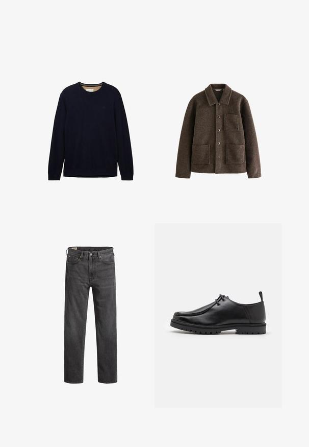 Braune Wolljacke mit Kragen, zwei Fronttaschen und Knopfverschluss. Bietet eine strukturierte Oberfläche und ein gerades Design.; Marineblauer Pullover aus weichem Material, mit Rundhalsausschnitt, langen Ärmeln und einem dezenten Logo auf der Brust. Geschmeidige Textur und entspannter Schnitt.; Dunkelgraue Denim-Jeans mit geradem Beinschnitt, fünf Taschen und Kupfennieten. Klassisches Design mit einer leicht verblassten Textur.; Schwarze Leder-Schnürschuhe mit robustem Sohlenprofil und Zuglasche an der Ferse, von der Seite auf einem weißen Hintergrund gezeigt.