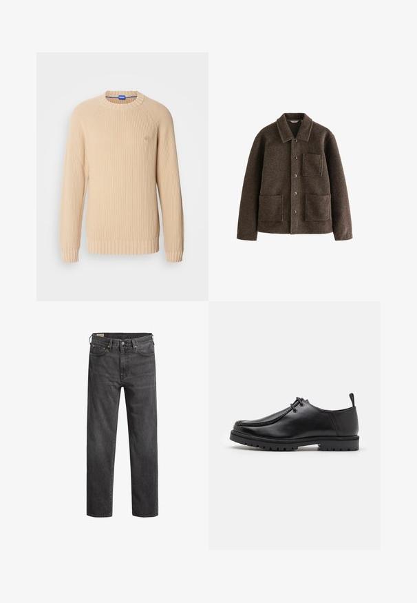Barna gyapjú dzseki gallérral, két elülső zsebbel és gombos záródással. Texturált felülettel és egyenes szabással rendelkezik.; Beige kötött pulóver bordás mandzsettákkal és alsó szegéllyel, kerek nyakkivágással és raglán ujjal. Kicsi logó részlet a mellrészen.; Sötétszürke farmernadrág egyenes szabással, öt zsebbel és réz szegecsekkel. Klasszikus dizájn, enyhén kopott textúrával.; Fekete bőr cipő, fűzős kivitelben, strapabíró talppal és saroknál húzófüllel, oldalnézetből, fehér háttér előtt.
