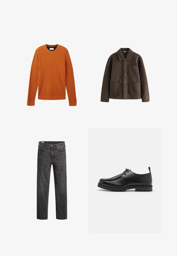Chaqueta de lana marrón con cuello, dos bolsillos frontales y cierres de botones. Presenta un acabado texturizado y un diseño de corte recto.; Suéter de cuello redondo de manga larga en color óxido rojizo, con un patrón de punto texturizado, dobladillo recto y puños acanalados.; Jeans de denim gris oscuro con corte recto, cinco bolsillos y remaches de cobre. Diseño clásico con una textura ligeramente deslisada.; Zapato de cuero negro con cordones, suela resistente y una cinta en el talón, mostrado de lado sobre un fondo blanco.