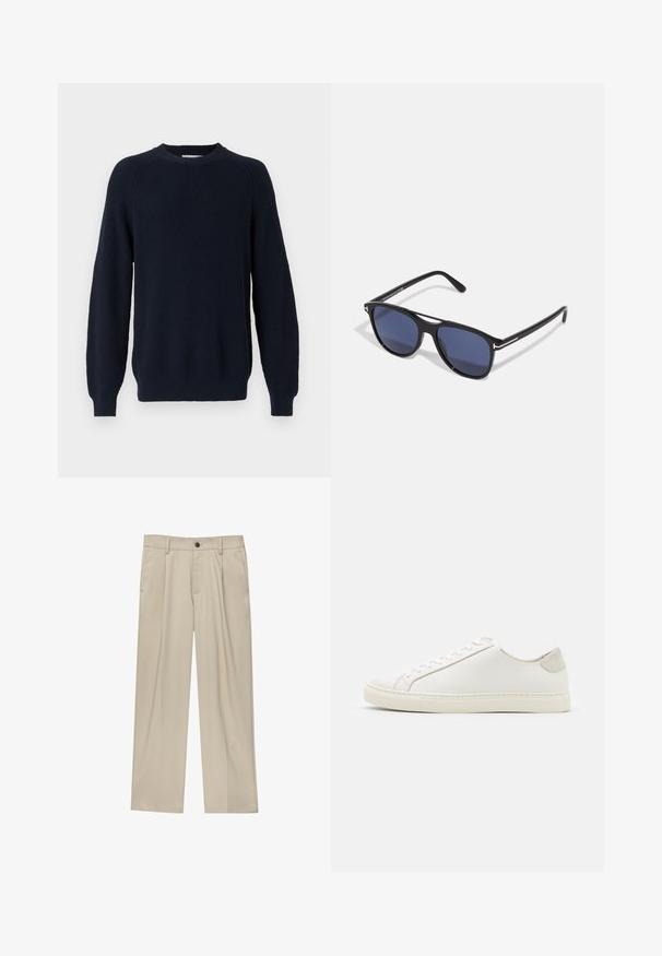 Bruine wollen jas met een kraag, twee voorzakken en knoopsluitingen. Heeft een textuurfinish en een rechte snit.; Marineblauwe gebreide trui met een textuurdesign, ronde halslijn en lange mouwen, voorzien van geribde manchetten en zoom.; Beige broek met een rechte snit, voorzien van een enkele zwarte knoop, riemlussen en zijzakken. Glad stoffen textuur en een minimalistisch ontwerp.; Witte leren sneaker met een gladde oppervlakte, ronde neus en minimalistisch ontwerp. Heeft beige accenten op de hiel en een rubberen zool.; Zonnebril met een zwart plastic montuur, blauw getinte glazen, een iets ronde vorm en zilveren metalen accenten op de pootjes.