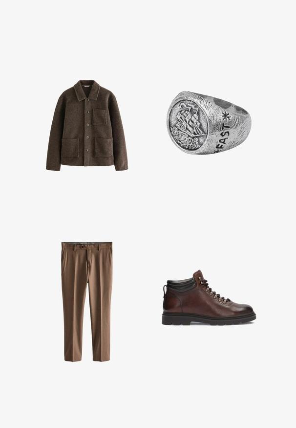 Veste en laine marron avec col, deux poches avant et fermetures à bouton. Présente une finition texturée et un design à coupe droite.; T-shirt en coton crème avec manches courtes, col rond et poche poitrine arborant un logo discret. Texture lisse et coupe décontractée.; Pantalons marron ajustés en tissu texturé. Dotés d'une fermeture à un bouton, de deux poches avant et d'une coupe droite.; Bottes de randonnée en cuir marron avec une finition texturée, œillets en argent et col de cheville noir. Semelle en caoutchouc avec un motif de traction robuste.; Bague en argent avec un motif de bateau sur un plateau rond, présentant des détails texturés et gravé "FAST" sur le côté, affichant un design robuste.