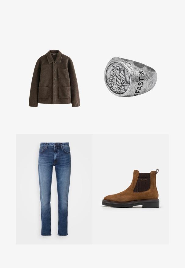 Pruun villane jakk, millel on krae, kaks esistaski ja nööpide kinnitused. Omab tekstuurset viimistlust ja sirget lõiget.; Kreemivärvi puuvillane T-särk lühikeste varrukatega, ümar kaelus ja rinnatasku, millel on peen logo. Sile tekstuur ja vabalt mõõdetud lõige.; Keskmise sinise värviga teksapüksid, sirge säärega disain, nupuväärdomise ja tõmbluku kinnitusega, klassikaline viie-tasku stiil ja peened värvimuutused.; Pruunist nahast ankle saapad ümmarguse toe ja elastsete külgpaneelidega. Omab musta struktureeritud aktsenti ja tõmbeotsi taga. Must tald.; Hõbesõrmus, millel on laeva motiiv ümmargusel näol, tekstuursete detailidega ja küljele graveeritud "FAST", näidates karmi disaini.