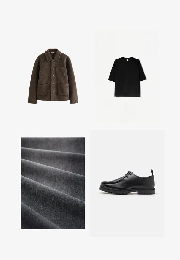 Smeđi vuneni sako s ovratnikom, dva prednja džepa i dugmadima. Ima teksturiranu površinu i ravne linije dizajna.; Crna kratka majica s kratkim rukavima i okruglim izrezom, izrađena od mekog materijala, s opuštenim, kutnim krojem i minimalističkim dizajnom.; Crni materijal s glatkom teksturom, koji se valja u valovima. Površina pokazuje suptilan sjaj i gusto je tkan, naglašavajući klasičan dizajn.; Crne kožne cipele s vezanjem, s robusnom potplatom i petnom trakom, prikazane sa strane na bijeloj pozadini.