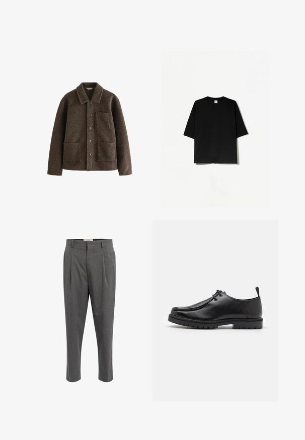 Jachetă din lână maro cu guler, două buzunare frontale și închidere cu nasturi. Are o textură fină și un design cu croială dreaptă.; Tricou negru cu mânecă scurtă, cu decolteu rotund, realizat dintr-un material moale, având o croială lejeră, boxy și un design minimalist.; Pantaloni gri, croiți pe măsură, dintr-un material texturat, cu plisuri, design cu picior drept și bucle pentru curea. Fără hardware sau accente vizibile.; Pantofii din piele neagră, cu șireturi, au o talpă robustă și o bandă de prindere la călcâi, fiind prezentați din lateral pe un fundal alb.