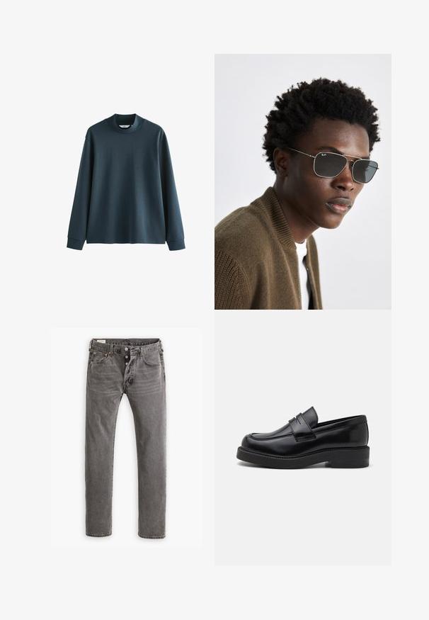 Ruskea villa takki, jossa on kaulus, kaksi etutaskua ja nappikiinnitys. Takissa on teksturoitu pinta ja suora leikkaus.; T tumma sininen pitkähihaine paita, jossa on korkea kaulus, valmistettu sileästä kankaasta. Ominaisuuksiin kuuluvat tippuneet olkapäät ja resorit hihansuissa. Yksinkertainen muotoilu, ei kuvioita.; Harmaat farkut suoran leikkauksen, nappisuljennan, viiden taskun suunnittelun ja oranssia ommelta saumoissa.; Musta nahkainen loafer, jossa on pyöristetty kärki, koristeellinen etusauma ja paksu kumipohja. Sileä pinta ja kiillotettu viimeistely.; Aurinkolasit, joissa on hopeanvärinen metallikehys, aviator-muoto ja tummennetut linssit. Tyylitelty ribatulla ruskealla pommikankaisella takilla.