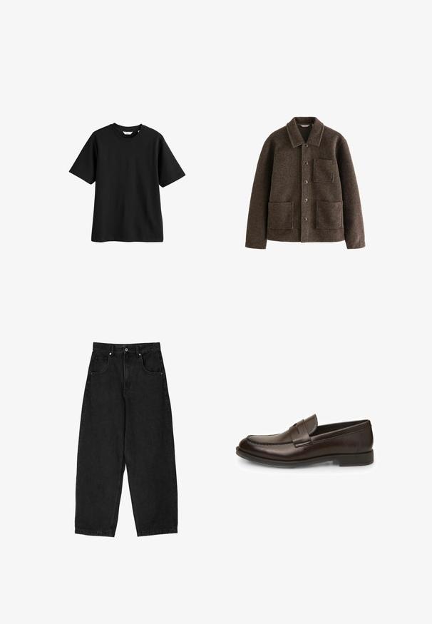 Brown wool jacket with a collar, two front pockets, and button closures. Features a textured finish and a straight cut design.; Black cotton t-shirt with short sleeves, round neckline, and a relaxed fit. Smooth texture, no visible patterns or accents.; Black denim wide-leg pants with a high waist, featuring five pockets, a zip fly, and a metal button closure. Smooth texture, minimal detailing.; Brown leather loafers with a smooth texture, rounded toe, and stitching detail. Features a low, stacked heel and slip-on design.