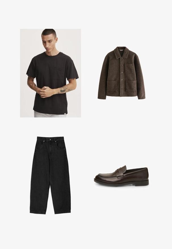 Ruskea villa takki, jossa on kaulus, kaksi etutaskua ja nappikiinnitys. Takissa on teksturoitu pinta ja suora leikkaus.; Musta puuvillainen t-paita lyhyillä hihoilla, pyöreällä kauluksella ja rintataskulla. Ominaisuuksia rento istuvuus ja harkitut hihansuut.; Mustat farkut leveällä lahkeella ja korkealla vyötäröllä, joissa on viisi taskua, vetoketjukiinnitys ja metallinen nappikiinnitys. Suora pinta, minimaalinen yksityiskohtaisuus.; Ruskeat nahka loaferit, joissa on sileä pinta, pyöristetty kärki ja ompeluyksityiskohtia. Ominaisuuksiin kuuluu matala, pinottu korko ja liukuhihnainen muotoilu.