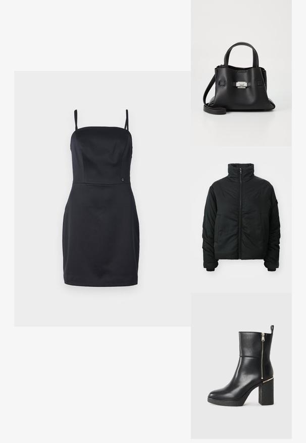 Svart pakket jakke med høy krage, glidelås lukking, lange ermer og to frontlommer. Glatt tekstur, kort design uten mønstre.; Svart stroppeløs kjole med tettsittende midje, glatt stoff og rett kant. Har et lite logo-accent nær livet.; Sorte ankelstøvler laget av glatt skinn, med glidelås på siden og en teksturert blokkhelt. Slip-on design med rund tå.; Svart skinnveske med teksturert overflate, som har to håndtak på toppen, en avtagbar skulderrem og detaljer med sølvspenne.
