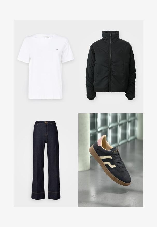 Czarna ocieplana kurtka z wysokim kołnierzem, zapięciem na zamek, długimi rękawami i dwoma przednimi kieszeniami. Gładka tekstura, krótki krój, bez wzorów.; Biała bawełniana koszulka z krótkim rękawem, okrągłym dekoltem i małym haftowanym logo na piersi. Gładka faktura i klasyczny krój.; Ciemnogranatowe szerokie spodnie o wysokim stanie, z przodem zapinanym na guzik i pomarańczowymi przeszyciami. Gładka tekstura na całej powierzchni.; Granatowe skórzane sneakersy z kremowymi paskami, różowymi akcentami na pięcie oraz teksturowaną, jasnobrązową gumową podeszwą. Klasyczny niski krój.