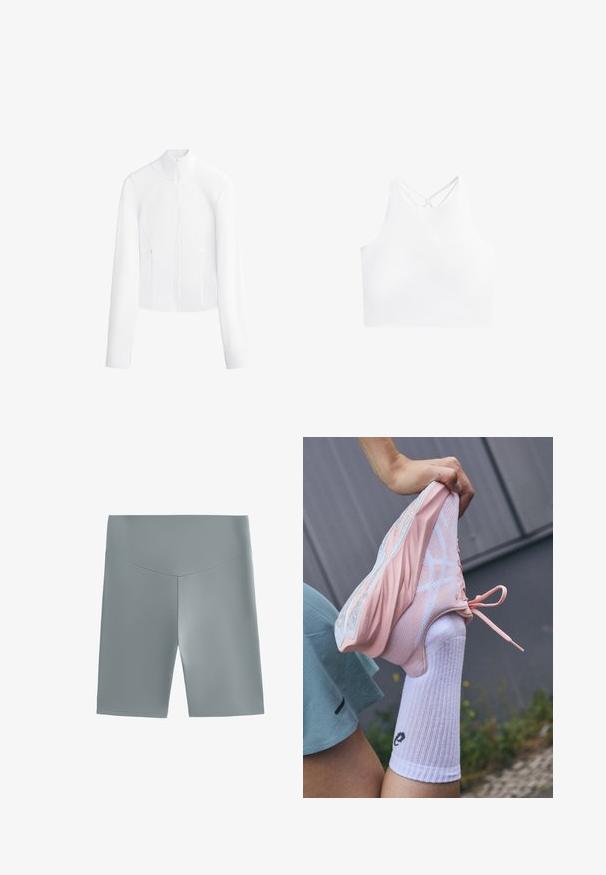 Biała kurtka zapinana na zamek z długimi rękawami, wysokim kołnierzem i dopasowanym krojem. Wykonana z gładkiego materiału z dwoma bocznymi kieszeniami.; Biała sportowa bluzka cropped z wysokim dekoltem i podwójnymi krzyżującymi się ramiączkami z tyłu, wykonana z gładkiego, elastycznego materiału.; Jasnoszare szorty sportowe wykonane z gładkiego, elastycznego materiału, z wysokim pasem i dopasowanym krojem, z prostymi detalami szwów.; Jasnoróżowy but sportowy z siateczkowymi i solidnymi wstawkami, podwyższoną podeszwą i białymi akcentami, zestawiony z białą, prążkowaną skarpetą z logo.