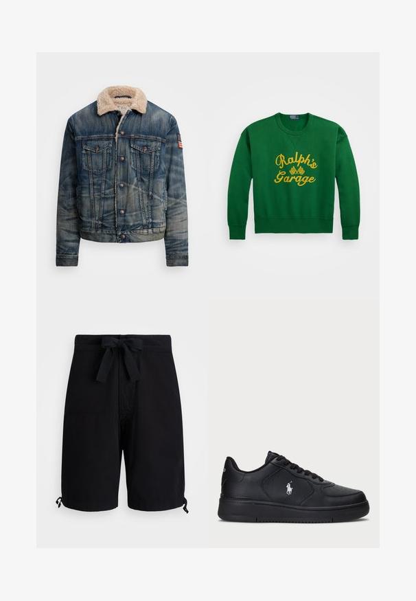 Casaco de ganga em azul desbotado com colarinho de carneiro. Apresenta dois bolsos no peito, botões de metal e um patch decorativo da bandeira americana.; Sweat-shirt verde com decote redondo, apresentando texto amarelo bordado "Ralph’s Garage" e detalhes de bandeira quadriculada. Material em mistura de algodão.; Calções de banho pretos feitos de um tecido leve, com um cordão ajustável na cintura e detalhes ajustáveis nas bainhas.; Sapatilhas pretas em couro com um design perfurado, fecho de atacadores plano e um logótipo bordado branco de lado. Sola grossa em borracha preta.