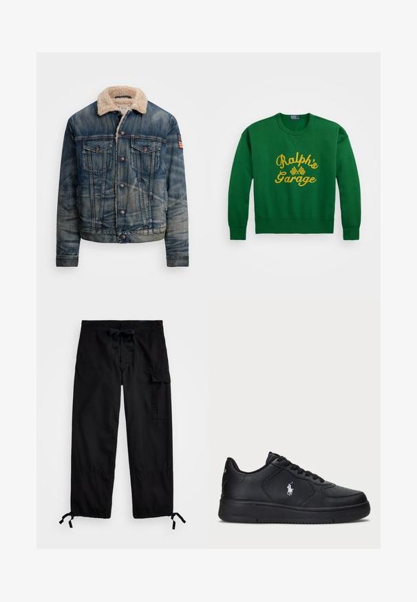 Jeansjacka i blek blå med en fårskinnskrage. Har två bröstfickor, metallknappar och en dekorativ amerikansk flagga-lapp.; Grön sweatshirt med rundad halsringning, med gulbroderad text "Ralph’s Garage" och rutigt flaggmönster. Material i bomullsblandning.; Svarta cargobyxor med elastisk midja och dragsko. Har sidofickor och justerbara muddar med dragkedjor. Tillverkad av lättviktig tyg.; Svarta lädersneakers med perforerat mönster, platt snörning och en vit broderad logotyp på sidan. Tjock svart gummisula.