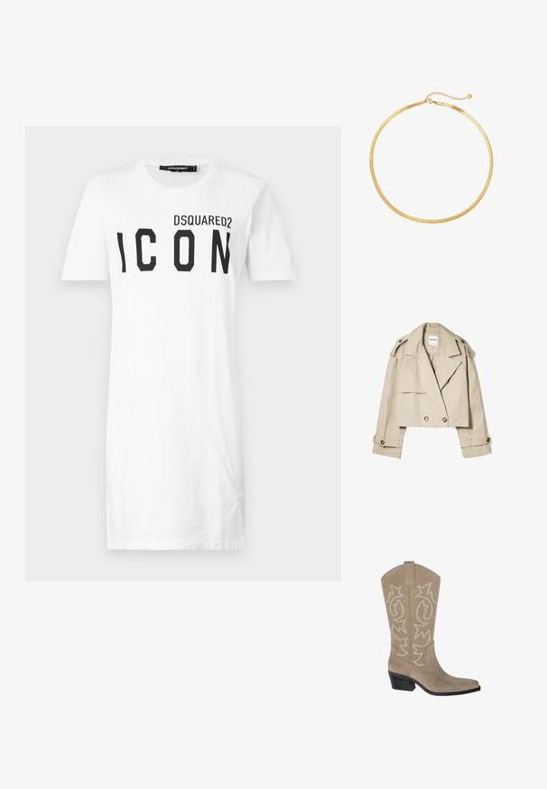 Beige cropped trenchcoat lavet af letvægtsstof, med en dobbeltradet front, store reverser og knappede ærmer.; Hvid bomulds T-shirt med korte ærmer, prydet med en sort fed "ICON" trykning og "DSQUARED2" logo ovenfor. Klassisk crew-halsudskæring.; PULL&BEAR Cowboy- / bikerstøvler - taupe; Guld mesh choker halskæde med et fladt, fleksibelt design. Har en kædeforlængelse for justerbar længde. Glat tekstur, minimalistisk udseende.