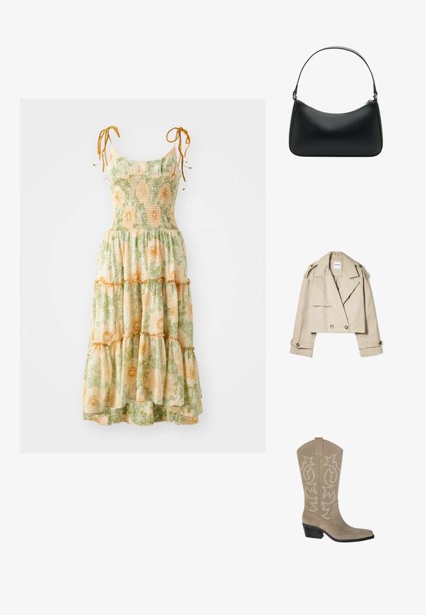 Bežna skrajšana trench jakna iz lahkega materiala, z dvojnim zapenjanjem spredaj, velikimi ovratniki in gumbi na manšetah.; Cvetna maxi obleka z naramnicami, nabranim korzetom in večplastnimi robovi. Ima zeleni in oranžni botanični print na svetlem ozadju.; PULL&BEAR Škornji v kavbojskem/motorističnem slogu - taupe; Črna usnjena torba za ramo s ukrivljeno obliko, enojnim ravnim trakom in zgornjim zadrgo. Gladka tekstura z minimalnimi podrobnostmi snemalnikov.