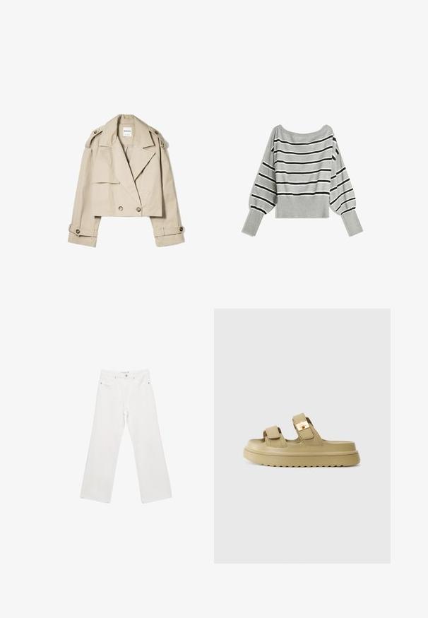 Bežna skrajšana trench jakna iz lahkega materiala, z dvojnim zapenjanjem spredaj, velikimi ovratniki in gumbi na manšetah.; Sivoročasto pulover s širokimi črnimi črtami, z odrezanim ovratnikom in rebrastimi manšetami ter robom. Mehka pletenina z obliko, ki se konča nad pasom.; Bele široke hlače iz belega denima z značilnim pet-pocket dizajnom, kovinsko opremo in kontrastnim šivanjem. Gladka tekstura in sproščen kroj.; Bežne zapletene sandale s dvema nastavljivima trakama in zlatim zaponko. Narejene iz gladkega sintetičnega materiala. Teksturirana gumijasta podplata.