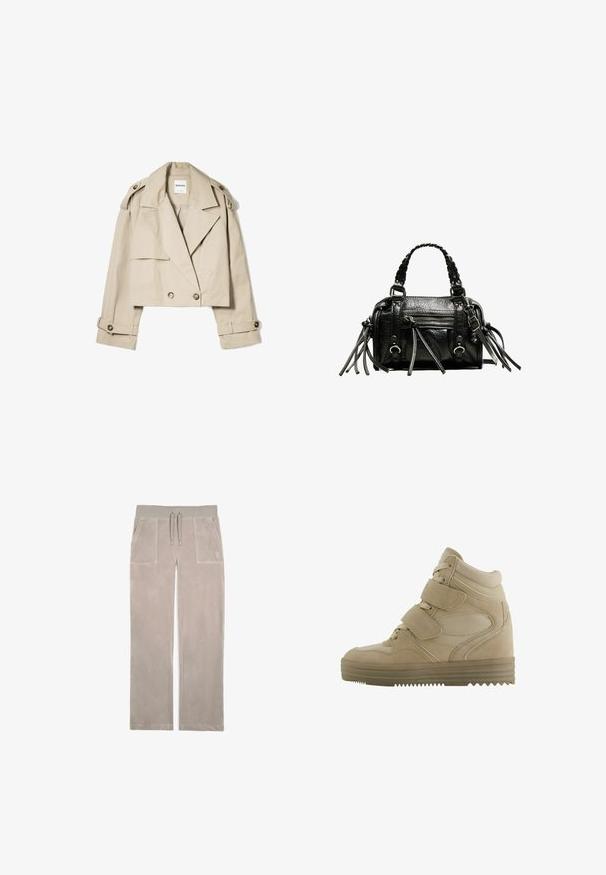 Beige cropped trench coat made of lightweight fabric, featuring a double-breasted front, large lapels, and buttoned cuffs.; Gray striped sweater featuring wide black stripes, an off-shoulder neckline, and ribbed cuffs and hem. Soft knit texture with a cropped design.; Light gray sweatpants in soft, textured fabric; features two front pockets and an elasticized waistband with drawstring.; Beige high-top sneakers with a suede and mesh design, adjustable Velcro straps, and a thick rubber sole featuring a zigzag pattern.; Black leather handbag with braided handles, textured surface, zippered front pocket, and decorative fringe accents. Compact and structured shape.
