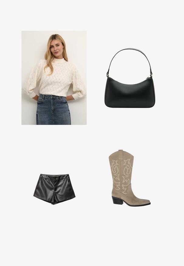 Manteau trench cropped beige en tissu léger, avec un devant croisé, de grands revers et des poignets boutonnés.; Pull en tricot couleur crème avec un col montant et des manches bouffantes, présentant un motif texturé. Associé à une jupe en denim.; Shorts en cuir noir avec un design ajusté, des poches latérales, une fermeture à bouton à l'avant et une texture lisse et brillante.; PULL&BEAR Bottes de cowboy / motard - taupe; Sac à bandoulière en cuir noir avec une forme arrondie, une seule sangle plate et une fermeture éclair supérieure. Texture lisse avec des détails matériels minimalistes.