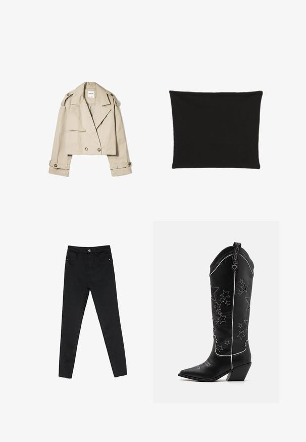 Bežna skrajšana trench jakna iz lahkega materiala, z dvojnim zapenjanjem spredaj, velikimi ovratniki in gumbi na manšetah.; Črn pravokotnikasta prevleka za blazino iz tkanine, z gladko teksturo brez vzorcev ali okrasnih elementov. Preprost, minimalističen dizajn.; Črne skinny jeans hlače iz denima, z visokim pasom, petimi žepi in surovim robom na gležnjih. Klasično zapiranje z gumbnico in zadrgo.; Črne kavbojske čevlje s podaljšanimi prsti, robustnim peto in belimi zvezdnimi vzorci, všitimi vzdolž šaftov. Mehka usnjena materiala.