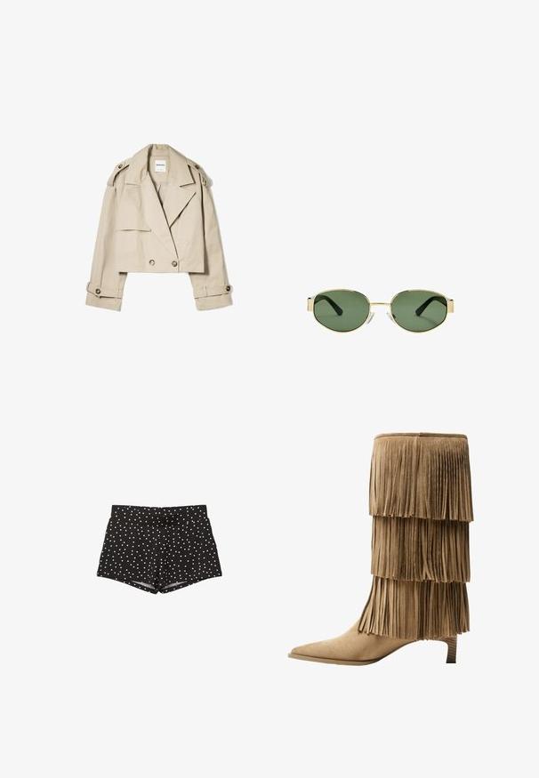 Béžový krátky trenčkot vyrobený z ľahkého materiálu, s dvojradovým zapínaním, veľkými klopami a gombíkovými manžetami.; Dve tielka vystavené, jedno čierne a jedno biele. Obe majú rebrovanú textúru široké ramienka a zakrivený výstrih.; Čierne šortky s vysokým pásom a bielymi bodkami, so splývavým predným dielom a priľnavým strihom, zobrazené na bielom pozadí.; Krajkové členkové topánky z hnedej semišovej kože s tromi vrstvami franje. Špicatá špička a nízky blokový podpätok. Hladká štruktúra po celej ploche.; Slnko zlatohnedých kovových rámových okuliarov s zelenými tónovanými sklami, oválnym tvarom, čiernymi stranami a priehľadnými nosnými podložkami. Čistý, minimalistický dizajn.; Čierna kožená hobo taška s uvoľneným dizajnom, širokým ramenným popruhom a hladkým povrchom. Obsahuje jedno zipsové uzatváranie na boku.