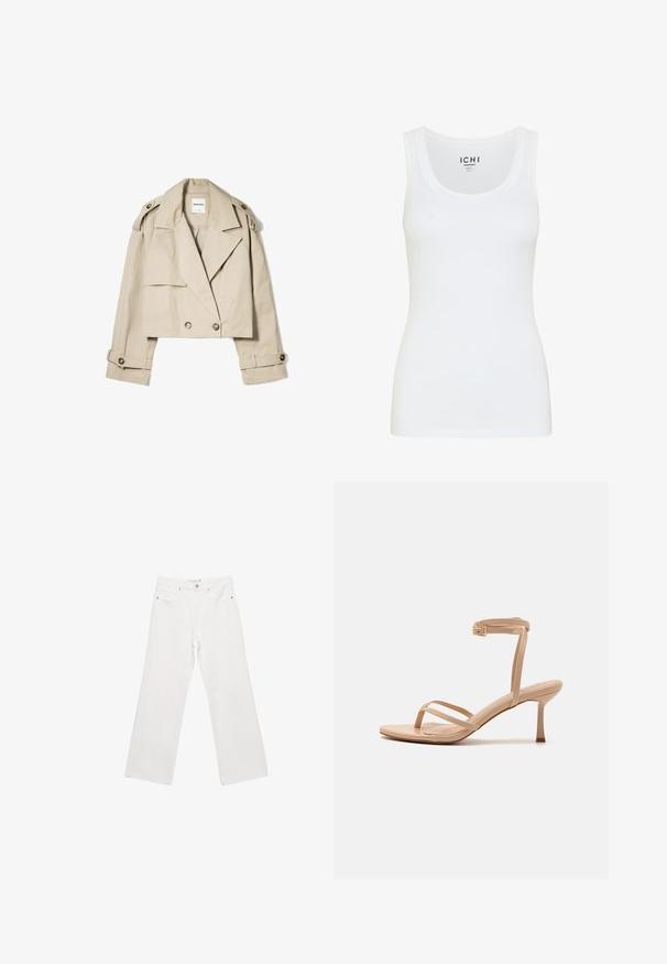 Beige lyhytripallinen trench-coat, joka on valmistettu kevyestä kankaasta. Siinä on kaksirivinen etuosa, suuret kaulukset ja napilla suljettavat hihansuut.; Valkoinen tanktoppi, joka on valmistettu sileästä kankaasta. Siinä on pyöreä kaula-aukko ja leveät hihnat. Hieman sovitettu muotoilu, jossa ei ole näkyviä kuvioita tai koristeluja.; Valkoiset farkkukankaiset leveälahkeiset housut, joissa on klassinen viisi-taskumalli, metalliosat ja kontrastivärinen ompelu. Sujuva pinta ja rento istuvuus.; Nude korkokengät, joissa on ohuet nilkkahihnat ja kapeneva korko. Valmistettu sileästä materiaalista, joka on minimalistinen eikä sisällä kuoseja.
