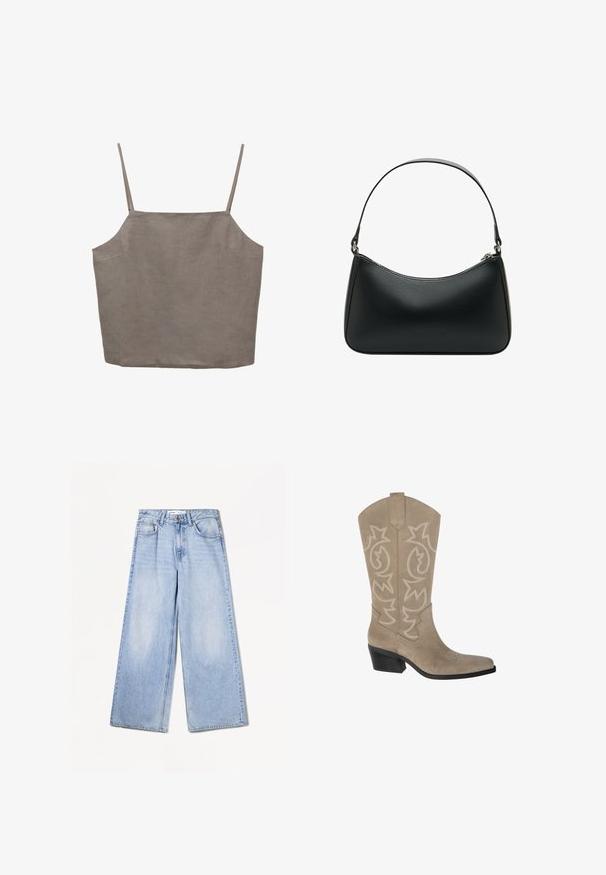 Bežani skraćeni trench kaput napravljen od laganog materijala, s dvostrukim kopčanjem, velikim reverima i dugmadima na manžetama.; Siva, bezrukavna majica s tankim naramenicama, s opuštenim krojem i izrađena od laganog materijala. Glatka tekstura s suptilnim sjajem.; Bershka WIDE-LEG - Široke nogavice - light-blue denim; PULL&BEAR Kaubojske/motorističke čizme - taupe; Crna kožna torba za rame sa zakrivljenim oblikom, jednom ravnom trakom i gornjim zatvaračem na patentni zatvarač. Glatka tekstura s minimalnim detaljima hardvera.