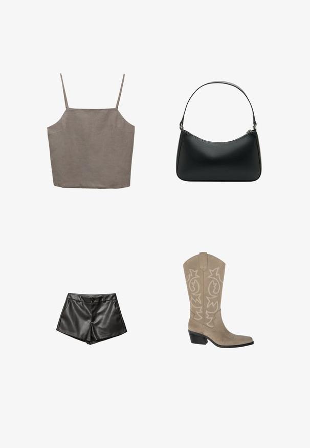 Beżowy krótki trencz z lekkiego materiału, z podwójnym zapięciem z przodu, dużymi klapami i mankietami zapinanymi na guziki.; Szary, bezrękawnik z cienkimi ramiączkami, o luźnym kroju, wykonany z lekkiego materiału. Gładka faktura z subtelnym połyskiem.; Czarne skórzane szorty o dopasowanym kroju, z bocznymi kieszeniami, z przodem zapinanym na guzik oraz gładką, błyszczącą teksturą.; PULL&BEAR - Kowbojki i obuwie motocyklowe; Czarna skórzana torba na ramię o zakrzywionym kształcie, z pojedynczym płaskim paskiem i zamknięciem na zamek błyskawiczny u góry. Gładka tekstura z minimalnymi detalami metalowymi.