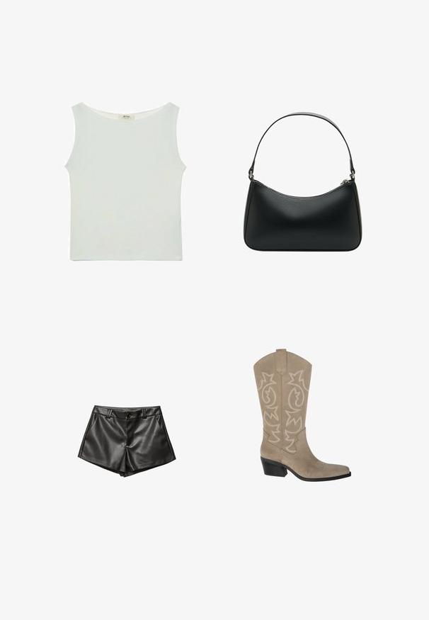 Beżowy krótki trencz z lekkiego materiału, z podwójnym zapięciem z przodu, dużymi klapami i mankietami zapinanymi na guziki.; Biały bezrękawnik z okrągłym dekoltem, wykonany z gładkiej tkaniny. Charakteryzuje się luźnym krojem i prostym dołem. Brak widocznych wzorów lub akcentów.; Czarne skórzane szorty o dopasowanym kroju, z bocznymi kieszeniami, z przodem zapinanym na guzik oraz gładką, błyszczącą teksturą.; PULL&BEAR - Kowbojki i obuwie motocyklowe; Czarna skórzana torba na ramię o zakrzywionym kształcie, z pojedynczym płaskim paskiem i zamknięciem na zamek błyskawiczny u góry. Gładka tekstura z minimalnymi detalami metalowymi.