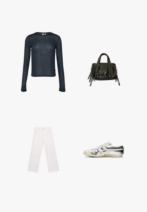 Beige taillierte Trenchcoat aus leichtem Stoff, mit doppelter Knopfleiste, großen Revers und geknöpften Manschetten.; Marineblaues Langarmoberteil aus transparenter, strukturierter Stoff mit vertikalen Streifen. Rundhalsausschnitt und leicht verkürzter Saum. Etikett an der Seite sichtbar.; Weiße Denim-Hose mit weitem Beinschnitt, ausgestattet mit einem klassischen Fünf-Taschen-Design, Metallbeschlägen und Kontrastnähten. Glatte Textur und lockere Passform.; Silberne metallische Sneaker mit weißen Akzenten und Schnürsenkeln. Verfügt über eine strukturierte Oberfläche, eine abgerundete Zehenpartie und eine Gummi-Sohle mit einem Muster für besseren Halt.; Schwarze Lederhandtasche mit geflochtenen Griffen, Reißverschlussfach und hängenden Quasten. Strukturiert Oberfläche mit Metallnieten und Hardware-Akzenten.