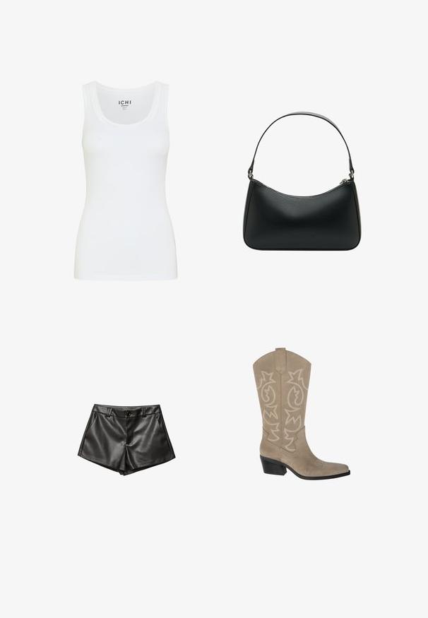 Beige taillierte Trenchcoat aus leichtem Stoff, mit doppelter Knopfleiste, großen Revers und geknöpften Manschetten.; Weißes Tanktop aus glattem Stoff. Mit rundem Halsausschnitt und breiten Trägern. Leicht taillierter Schnitt ohne sichtbare Muster oder Verzierungen.; Schwarze Lederhorts mit maßgeschneidertem Design, seitlichen Taschen, einer vorderen Knopfverschlüsse und glatter, glänzender Textur.; PULL&BEAR Cowboy-/Bikerboot - taupe; Schwarze Leder-Schultertasche mit geschwungener Form, einem flachen Tragegurt und einem oberen Reißverschluss. Glatte Textur mit minimalen Hardwaredetails.