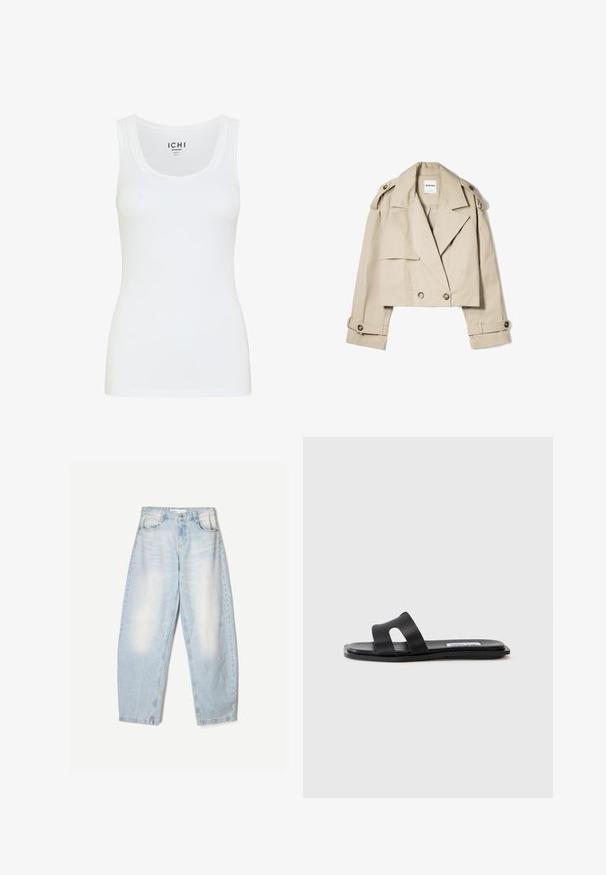 Beige gecropte trenchcoat van lichtgewicht stof, met een dubbel doorlopende knopenlijst, grote revers en knoopmanchetten.; Witte tanktop van gladde stof. Heeft een ronde halslijn en brede schouderbanden. Licht getailleerd ontwerp zonder zichtbare patronen of versieringen.; Lichtblauwe denim jeans met een losse pasvorm, voorzien van een vervaagde afwerking, twee voorzakken en een knoopsluiting bij de taille.; Zwarte platte sandaal met twee brede banden, een uitsnijding op een band en een gladde matte afwerking. Dunne, flexibele zool.