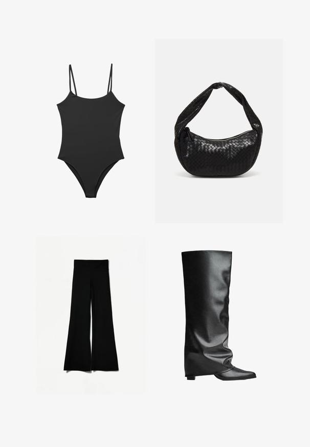 Beige rövidített esőkabát könnyű anyagból, dupla gombolású elejével, nagy hajtókájával és gombos mandzsettáival.; Fekete egyrészes fürdőruha vékony, állítható pántokkal, sima textúrával és magas kivágású lábrésszel. Minimalista stílus, díszítések nélkül.; Fekete, harangszárú nadrág széles lábakkal, sima textúrával és magas derékkal. Nyújtható anyagból készült a kényelem érdekében.; Fekete bőr, térdig érő csizmák sima felülettel, laza szabással, hegyes orral és alacsony négyzetes sarokkal. Minimalista stílus, látható hardver nélkül.; Fekete szőtt bőrtáska ívelt formával, vastag fogantyúval és cipzáras záródással. Felszíne textúrált, fényes befejezéssel.