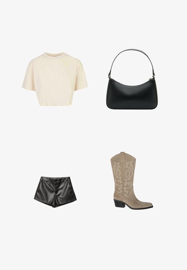 Béžový zkrácený trenčkot vyrobený z lehkého materiálu, s dvouřadým zapínáním, velkými klopami a knoflíkovými manžetami.; Zkrácené tričko vyrobené z jemné tkaniny, s krátkými rukávy, kulatým výstřihem a světlou béžovou barvou s hladkou strukturou.; Černé kožené šortky s vysoce módním střihem, bočními kapsami, předním zapínáním na knoflík a hladkým, lesklým povrchem.; PULL&BEAR Kovbojské/motorkářské kozačky - taupe; Černá kožená kabelka přes rameno s zakřiveným tvarem, jedním plochým popruhem a svrchním zipovým uzávěrem. Hladká textura s minimem kovových detailů.