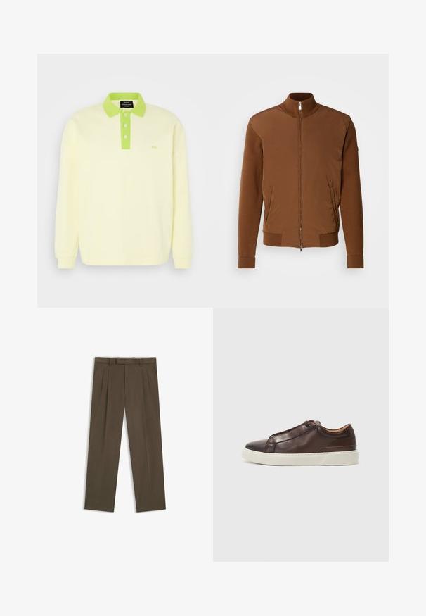 Giacca bomber marrone con una parte anteriore in tessuto liscio, maniche e colletto in maglia a coste, dotata di due tasche laterali e chiusura con zip.; Polo a maniche lunghe giallo chiaro con colletto verde e patta dei bottoni. Presenta un sottile logo "MN" sul petto. Materiale in cotone morbido.; Pantaloni a pieghe marroni realizzati in un tessuto misto cotone. Caratterizzati da una vestibilità dritta, passanti per la cintura e tasche laterali. Tessuto morbido con dettagli minimi.; Sneaker in pelle marrone con punta arrotondata, suola in gomma bianca a contrasto, dettagli cuciti e nessun lace visibile. Texture complessiva liscia.