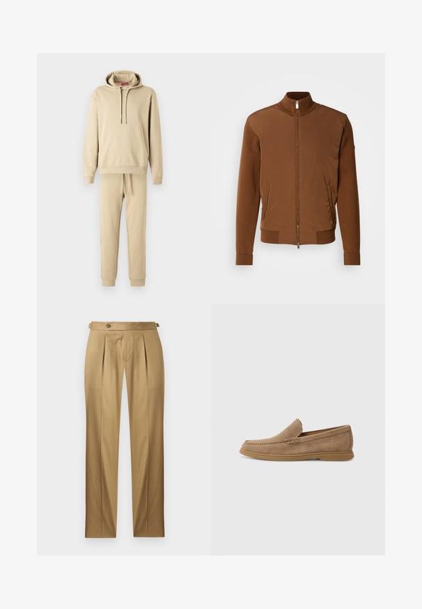 Jachetă bomber maro cu un front din țesătură netedă, mâneci și guler din tricot cu model de țesătură rib, având două buzunare laterale și închidere cu fermoar pe față.; Set de hanorac bej și pantaloni sport dintr-un material moale. Hanoracul are un șnur și o buzunar frontal; pantaloni sport au un elastic în talie.; Pantaloni bej cu croială dreaptă, având pliuri, închidere cu nasture și căptușeală pentru curea. Țesătură netedă cu un aspect curat și croială impecabilă.; Loafers slip-on din suede maro, cu o textură netedă și detalii cusute; au o talpă din cauciuc pentru aderență.