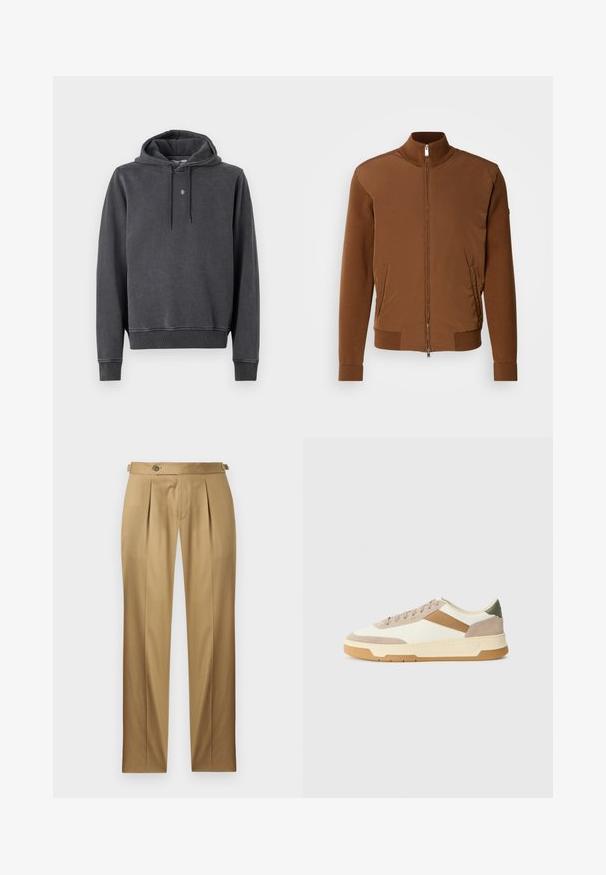 Ruskea pommikonejakku, jossa on sileä kangas etuosa, ribattu neulehihnat ja kaulus, kaksi sivutaskua sekä vetoketjukiinnitys edessä.; Huppari tummanharmaana, pehmeästä puuvillasekoitteesta valmistettu. Siinä on kengurupussi, joustavat hihansuut ja pieni logo rintapielessä.; Beiget suoralahkeiset housut, joissa on laskokset, napillinen suljenta ja vyölenkit. Sileä kangas ja siisti, räätälöity ilme.; Tennarit beigen, kermanvärisen ja oliivinvihreän sävyissä, joissa on mokkanahkaa ja nahkaa, pyöreä kärki, minimalinen muotoilu sekä kumipohja.