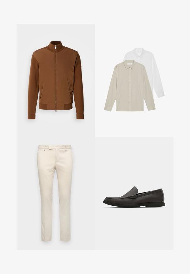 Pruun pommitusjakk, millel on sile eesmine kude, ribakootud varrukad ja krae, kahe küljetasku ning lukuga eesmine sulgemine.; Kaks pikka varrukaga särki: üks valgest kangast, teine beežikate peenikeste vertikaalsete triipudega. Mõlemal on nööpidega kraed ja mansetid.; Bežid kohandatud püksid, valminud siledast kangast. Kitsas lõige, millel on lamedad esipoolsed ja külgmised taskud. Minimalistlik stiil ilma kaunistusteta.; Tumed pruunid nahast loaferid ümarate varvastega, peene õmbluse detailiga ja madala kummitaldaga. Sile tekstuur koos paindliku istuvusega.