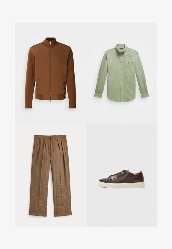 Smeđa bomber jakna s glatkim prednjim dijelom, rebrastim pletenim rukavima i ovratnikom, s dva bočna džepa i patentnim zatvaračem sprijeda.; Svijetlozeleni dugih rukava košulja s gumbima, koja ima šiljasti ovratnik, mali izvezeni logotip na prsima i biserne gumbe.; Smeđe karirane hlače sa naboranim dizajnom, izrađene od teksturiranog tkanja. Imaju zatvaranje na gumb i porubene rubove.; Smeđe kožne tenisice s okruglim vrhom, kontrastnom bijelom gumenom potplatom, prošivenim detaljima i bez vidljivih vezica. Sveukupno glatka tekstura.