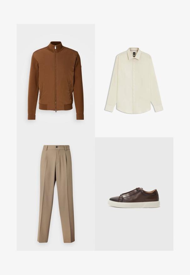 Giacca bomber marrone con una parte anteriore in tessuto liscio, maniche e colletto in maglia a coste, dotata di due tasche laterali e chiusura con zip.; BOSS JOE KENT - Camicia elegante - open white eleven; Pantaloni beige su misura con frontale piatto, vita strutturata e chiusura con un bottone. Il tessuto è liscio e leggermente texturizzato.; Sneaker in pelle marrone con punta arrotondata, suola in gomma bianca a contrasto, dettagli cuciti e nessun lace visibile. Texture complessiva liscia.
