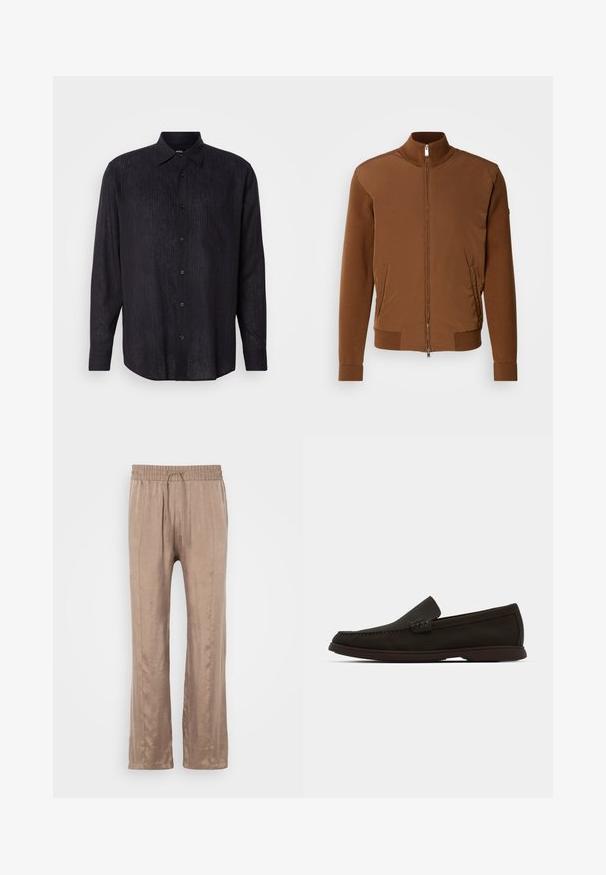 Hnedá bombardérka s hladkým predným materiálom, ribovanými plecami a golierom, dvoma bočnými vreckami a predným zipsom.; Námornícka košeľa s dlhým rukávom a golierom na gombíky, s horizontálnymi prúžkami, prednou vreckom a hladkou textúrou.; Svetlo hnedé široké nohavice vyrobené z hladkej látky, s elastickým pásom so šnúrkou a dvoma prednými záhybmi.; Tmavohnedé semišové slip-on loafre so šitým prstom, nízkoprofilovou gumovou podrážkou a textúrovanými akcentmi na vrchnej časti.