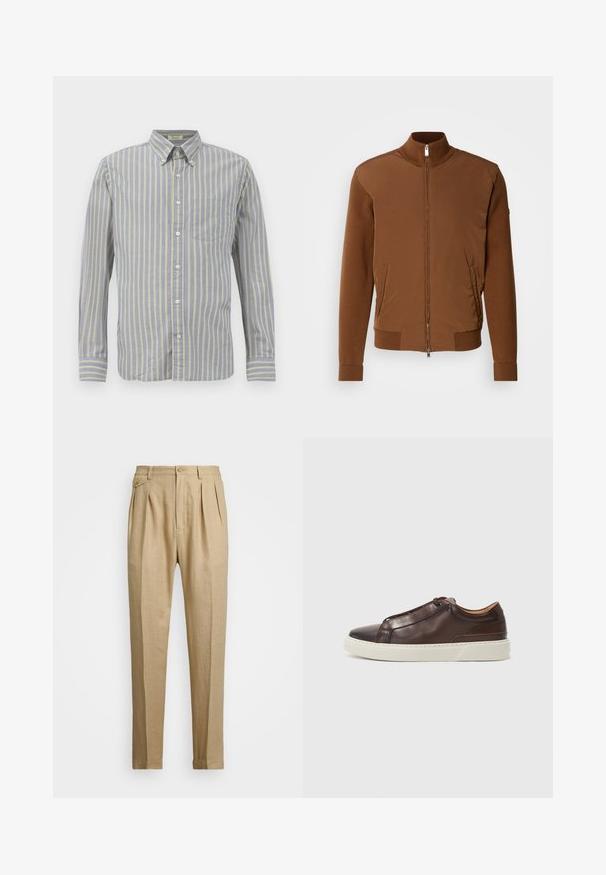 Brun bomberjacka med en slät tygframsida, ribbstickade ärmar och krage, med två sidfickor och dragkedjestängning framtill.; Knapp-up skjorta i blått tyg med tunna gula ränder, med krage, långa ärmar och en bröstficka. Avslutad med vita knappar.; Beiga linnbyxor med rak passform, med två framveck, knappstängning och sidofickor. Strukturerad tyg med en mjuk yta.; Brun läder sneakers med rund tå, kontrasterande vit gummisula, sydda detaljer och inga synliga snören. Slät yta overall.