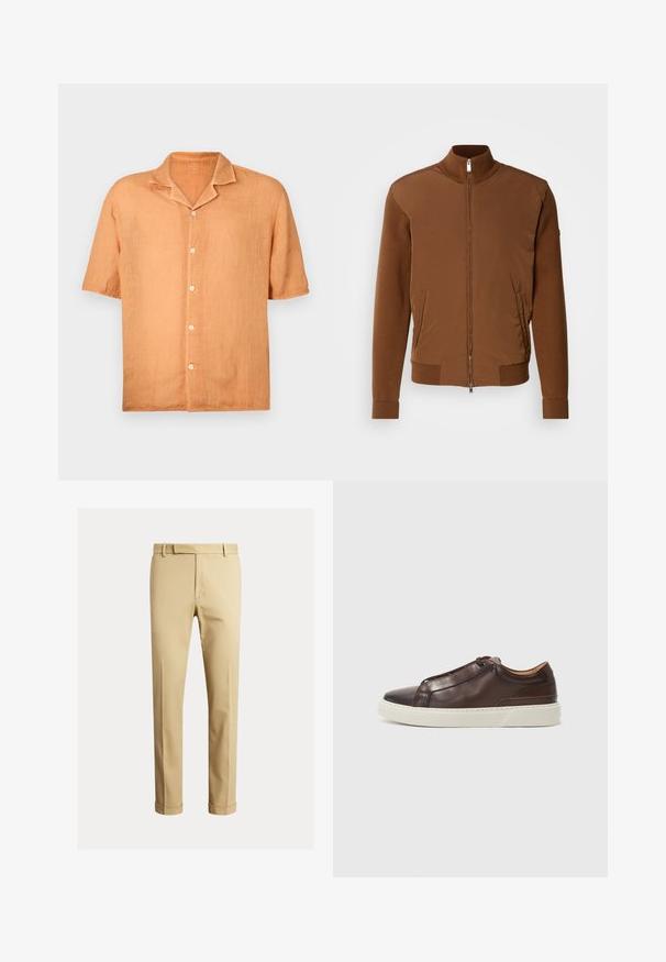 Cazadora bomber marrón con un frente de tejido suave, mangas y cuello de punto acanalado, dos bolsillos laterales y cierre frontal con cremallera.; Camisa de manga corta, con botones, en una tela de lino de color naranja claro, con cuello con muesca y cinco botones en la parte delantera. Textura suave, diseño casual.; Chinos caqui hechos de una suave tela de algodón, con un diseño ajustado, pliegues frontales y puños en los tobillos para un aspecto ajustado.; Zapatilla de cuero marrón con punta redondeada, suela de goma blanca en contraste, detalles cosidos y sin cordones visibles. Textura suave en general.