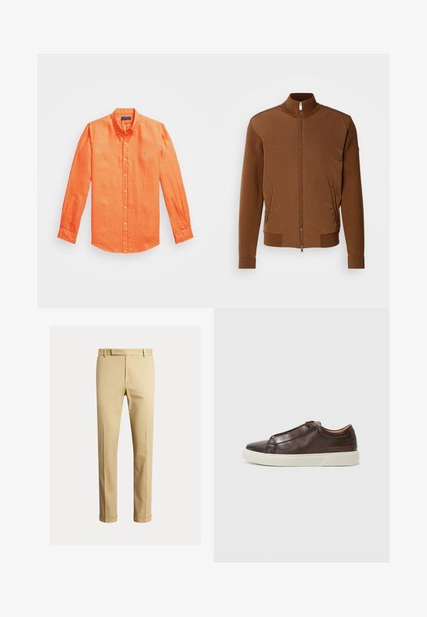 Rjava bomberska jakna z gladkim sprednjim delom, rebrastimi pleteninami na rokavih in ovratniku, dvema stranskima žepoma ter zadrgo spredaj.; Oranžna lanena srajca s gumbi in dolgimi rokavi, z usnjatim ovratnikom in majhnim veznim logotipom na levi strani prsnega dela.; Kahe barvni chinos narejeni iz gladkega bombažnega blaga, ki ponujajo prilegan dizajn, sprednje pregibe in manšete pri gležnju za ozko silhueto.; Rjavi usnjeni športni čevlji z zaobljenim nosom, kontrastnim belim gumijastim podplatom, šivanim detajlom in brez vidnih vezalk. Splošno gladka tekstura.