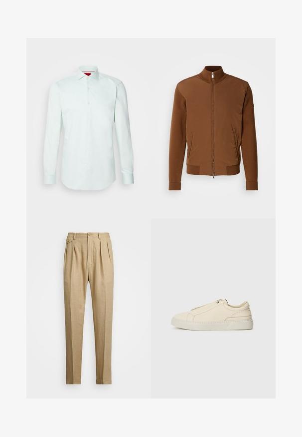 Pruun pommitusjakk, millel on sile eesmine kude, ribakootud varrukad ja krae, kahe küljetasku ning lukuga eesmine sulgemine.; HUGO KASON - Pluus - light/pastel green; Bežid linasest püksid sirge lõikega, kahel esisel peenral, nööbiga kinnitamisel ja küljetaskutega. Tekstuuritud kangas sileda viimistlusega.; Beige nahkased kingad ümmarguse varbaga, minimalistlik disain, peened õmbluse detailid ja tekstureeritud pealispind, heledal tallal.